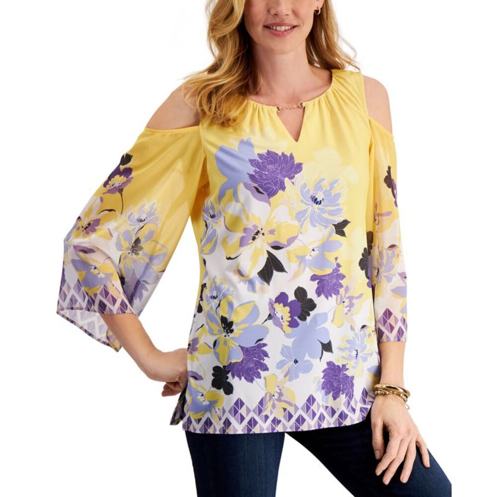 JM Collection Petite Printed Cold Shoulder Keyhole Blouse